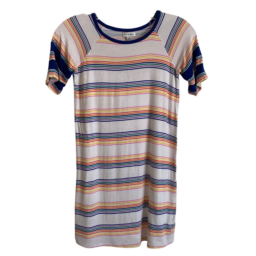 Love Fire Juniors Medium White Blue Rainbow Stripe Short Sleeve Tee Shirt Ringer